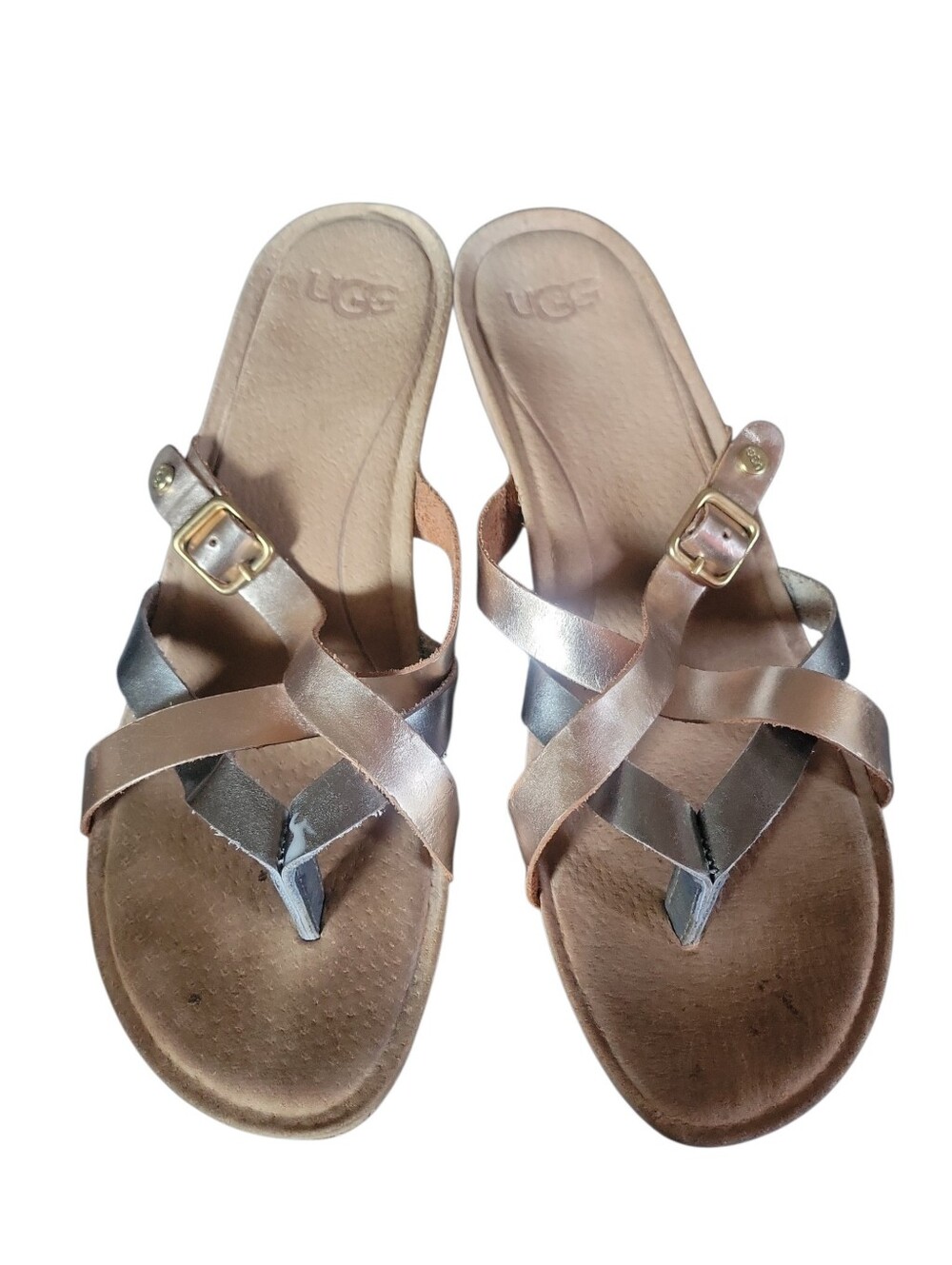 UGG Women's Adalie Metallic   Rose Gold Leather Criss Cross Wedge Slide Sandals